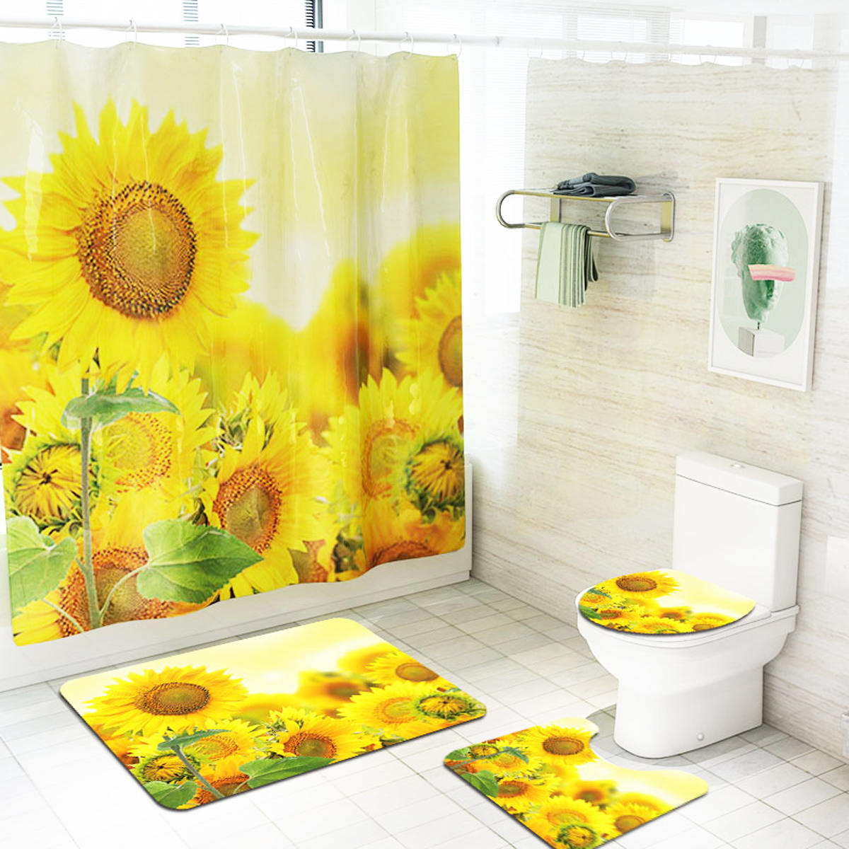 

Beatiful 3D Sunset Sunflower Waterproof Shower Curtain Hooks Non-Slip Bath CarpetsToilet Mats for Bathroom Decor