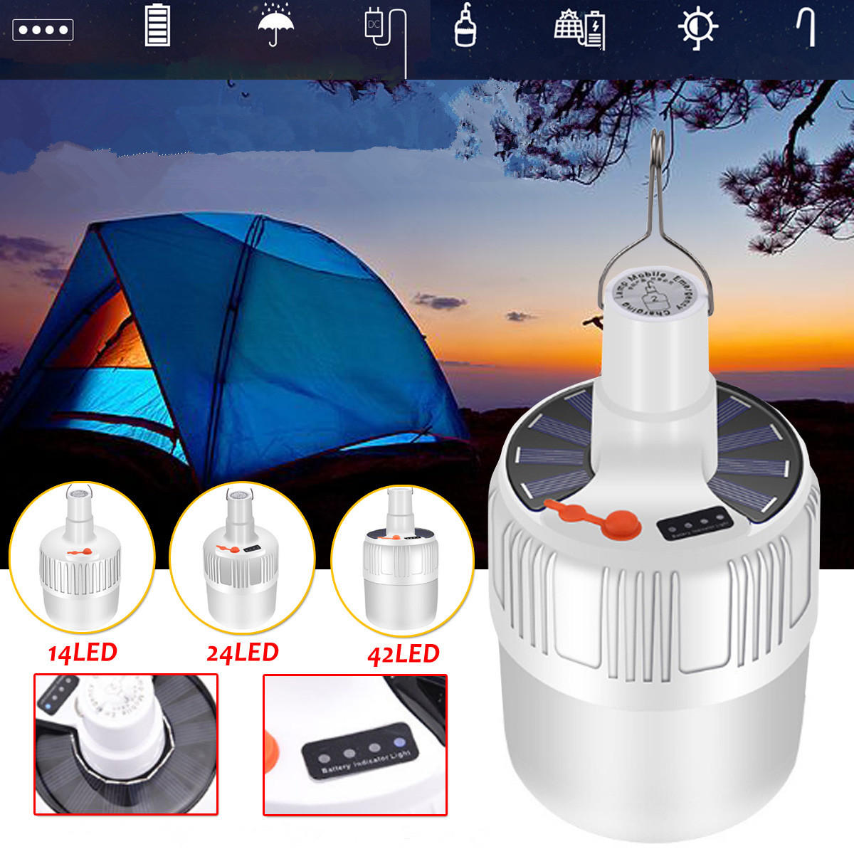 Bombilla LED recargable por USB, impermeable, 5 modos de luz solar para camping y emergencias al aire libre