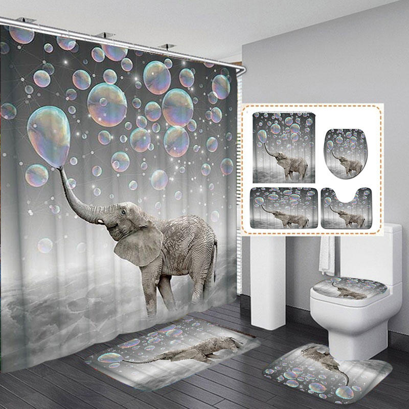 3D Printing Bubbles Elephant Waterproof Bathroom Shower Curtain Toilet Cover Mat Non-Slip Floor Mat Rug Set