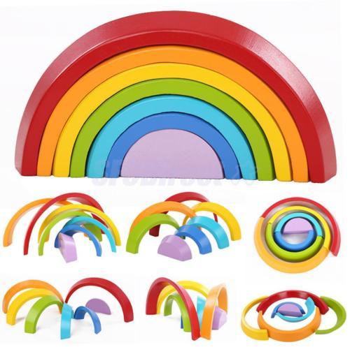 KINGSO Wooden Rainbow Toys 7Pcs Rainbow Stacker Educational Learning Toy Puzzles Colorful Building Blocks for Kids Baby