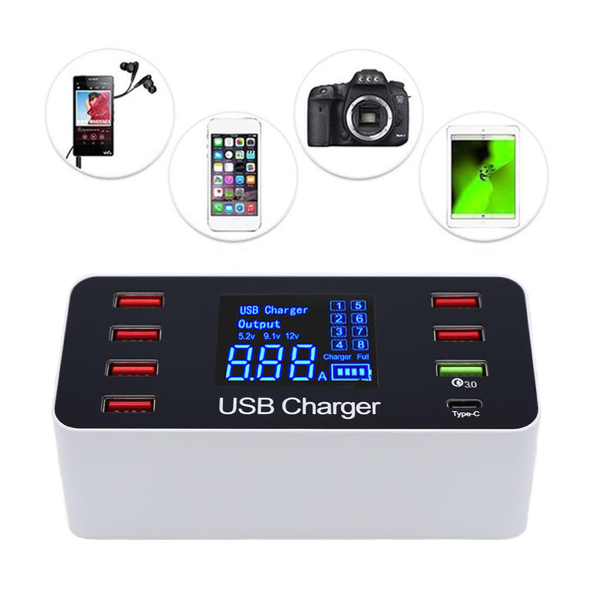 

5V/8A Multiple USB Charger Adapter Desktop Charging Station Hub Type C Quick Charge 3.0 Multi Port LCD Display Mobile Ph