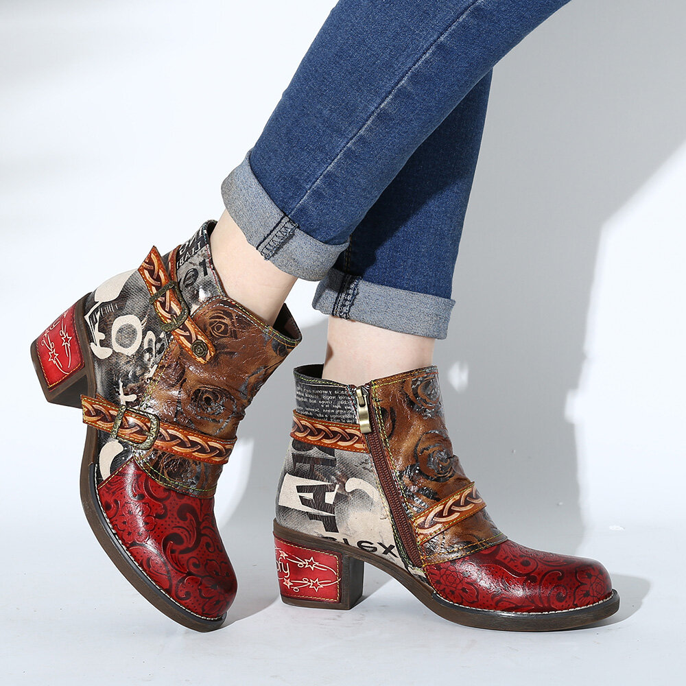 Women Embossed Rose Genuine Leather Splicing Boots