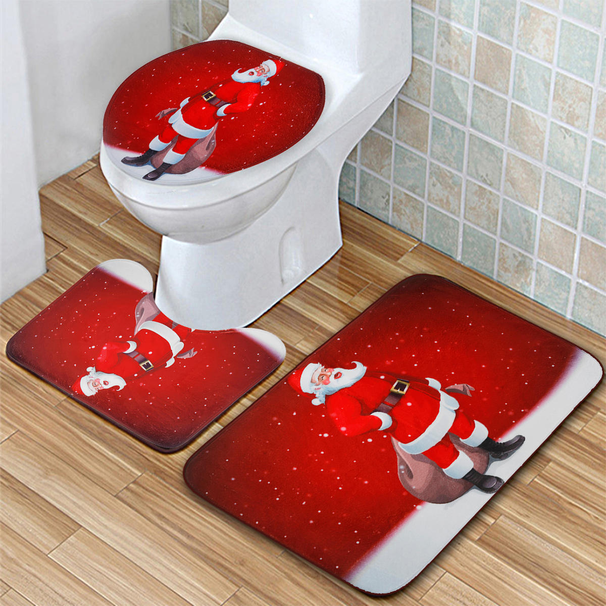 Kerstman Waterdicht Antislip Badkamer Douchegordijn Toilet Cover Mat Tapijt Set
