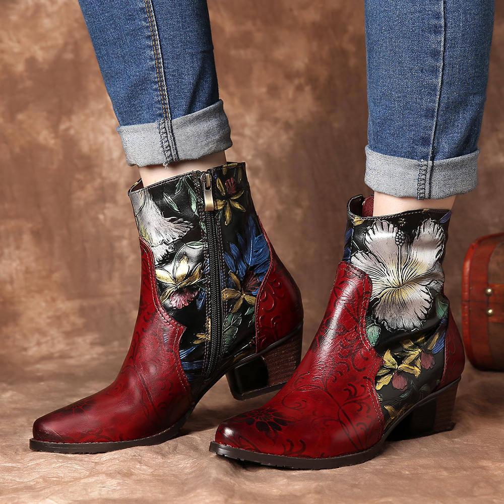 

Women Retro Embossed Flowers Stitching Leather Ankle Boots