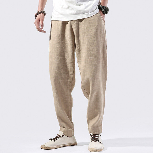 Men's Youth Solid Color Retro Cotton And Linen Harem Pants