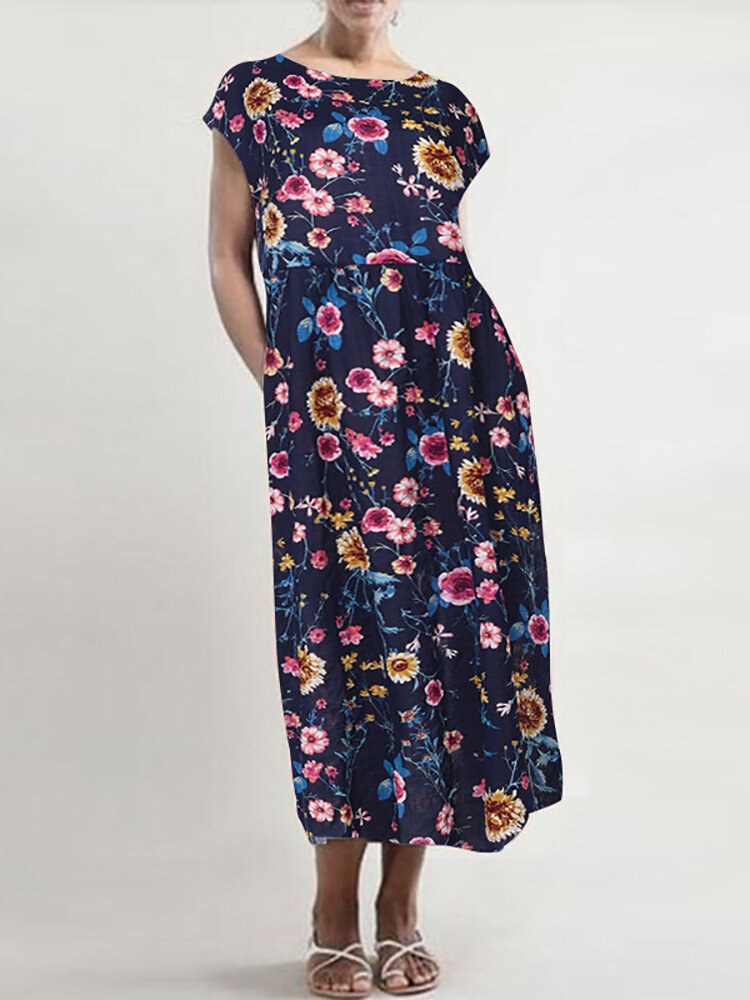 Women loose floral print o-neck side pockets dress Sale - Banggood.com