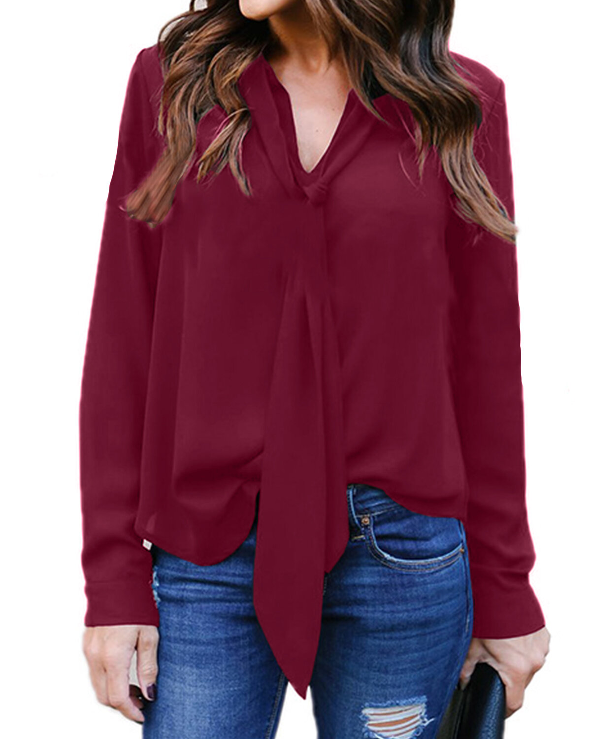 Chiffon Long Sleeve V Neck Loose Solid Causal Blouse For Women
