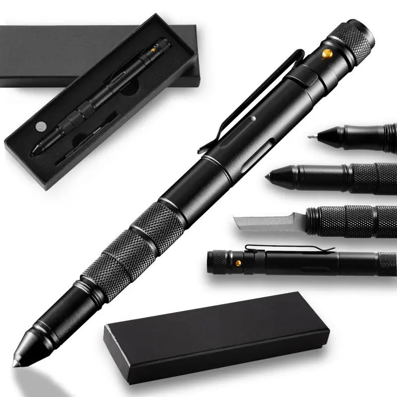 T06 multi-functional self defensive tactical pen with emergency led light whistle window glass breaker cutter for outdoor survival