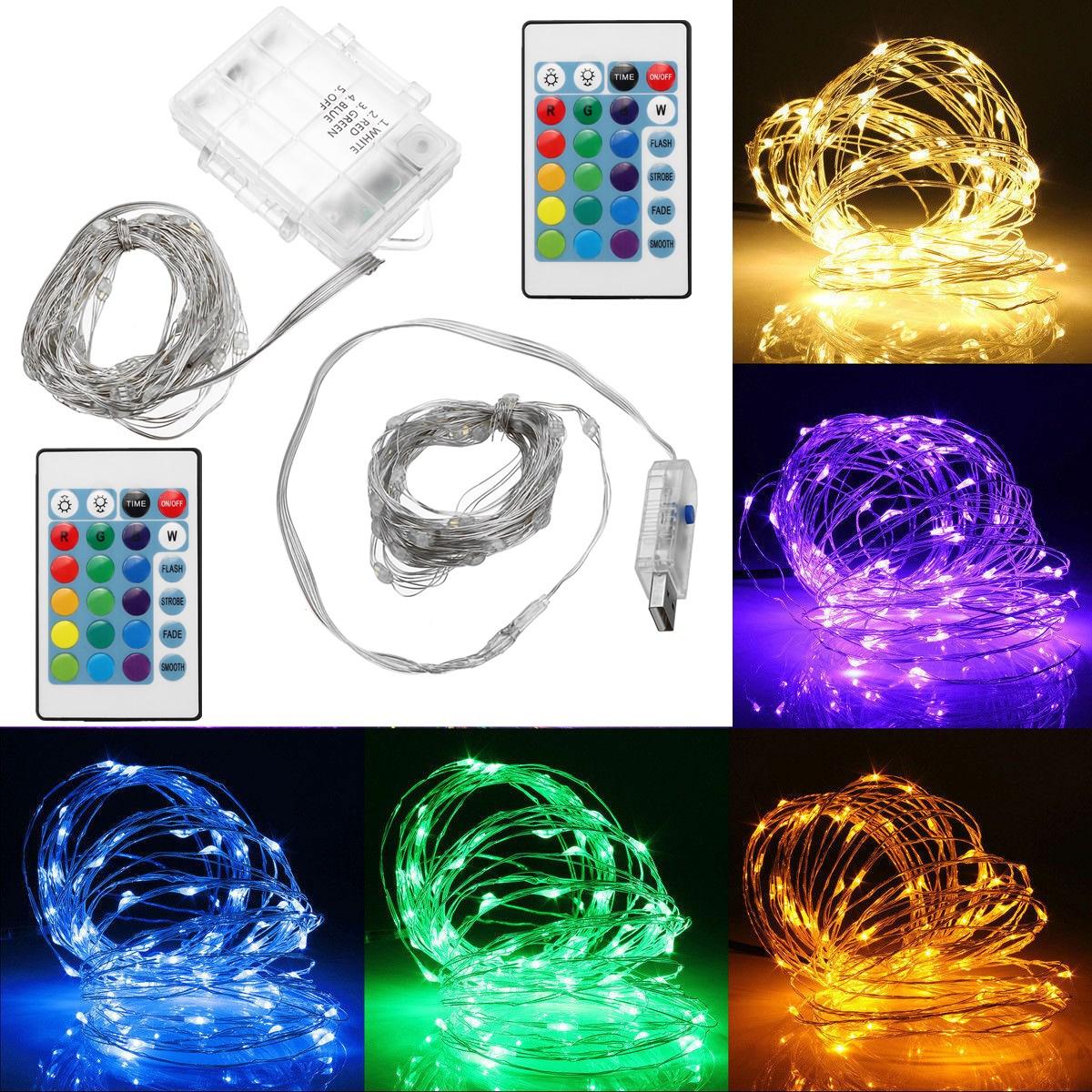 

Battery Operated USB Powered Waterproof 5M 50LED Colorful Sliver Wire String Light + 24Keys Remote Control for Holiday