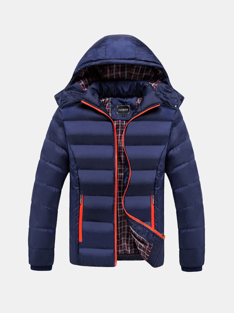 Mens Thick Solid Color Winter Hooded Deatchable Coat Slim Warm Jacket