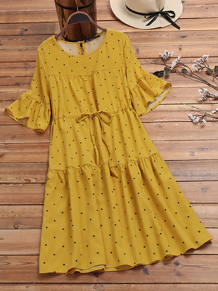 Halflange mouw polka dot print koord taille vintage jurk