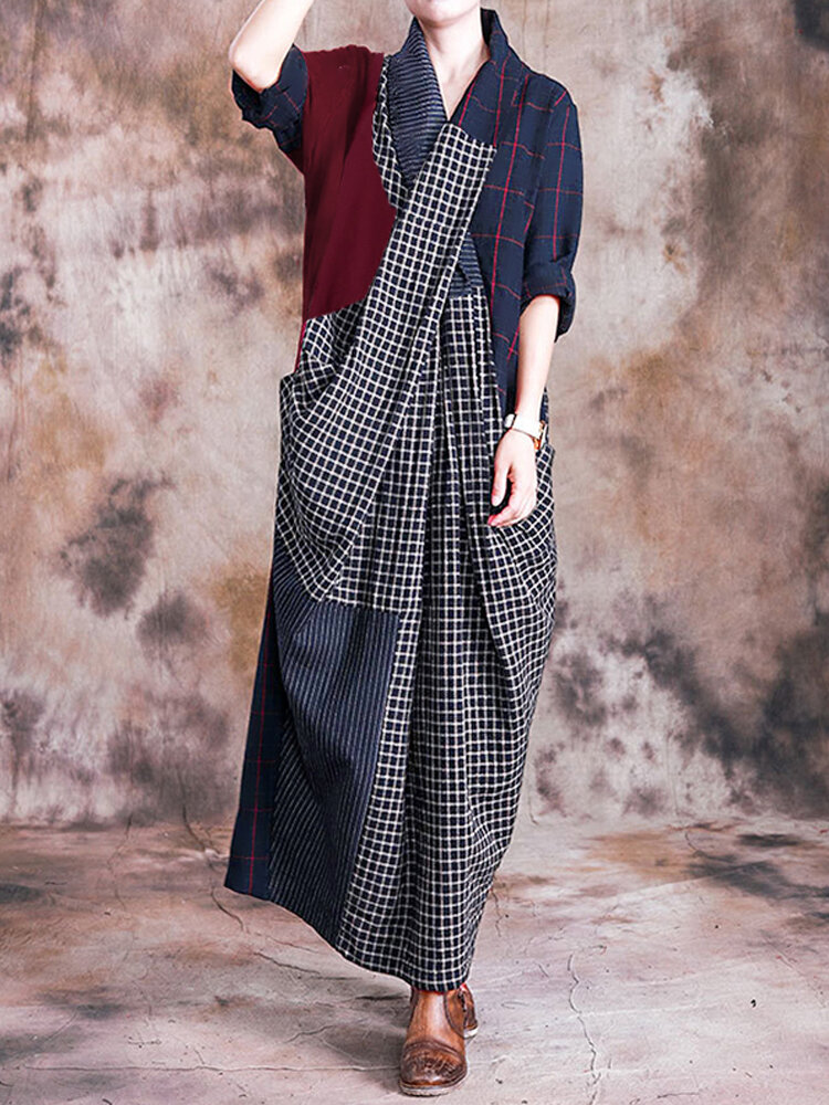 Women Long Sleeve Casual Loose Check Patchwork Maxi Dress