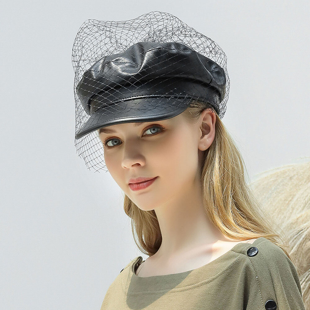 Mesh Faux Leather Beret Literary Wild Octagonal Hat Military Army Cap Flat Hats