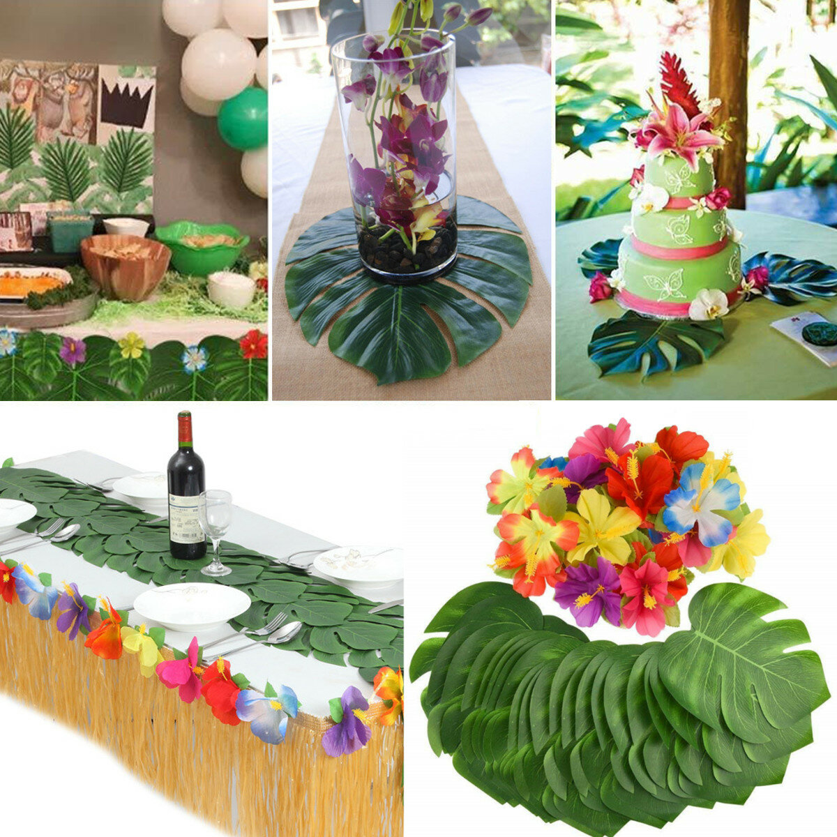

60Pcs Tropical Artificial Palm Leaves Hawaiian Hibiscus Flowers Wedding Birthday Party Decoration Table Decorations