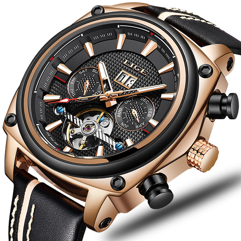 

LIGE 9921 Rectangle Dial Men Wrist Watch Calendar Luminous Display Automatic Mechanical Watch