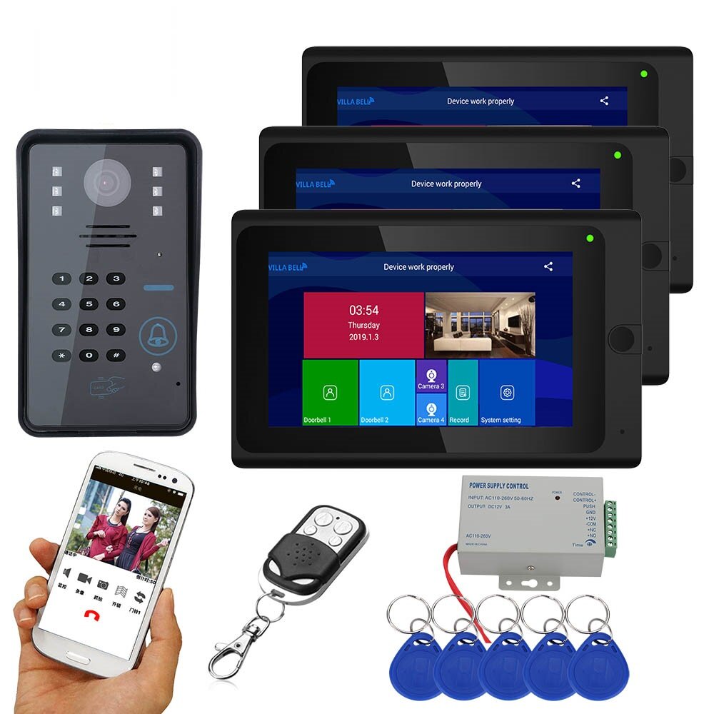 

ENNIO 7inch 3 Monitors Wireless Wifi RFID Password Video Door Phone Doorbell Intercom Entry System with Wired IR-CUT 108