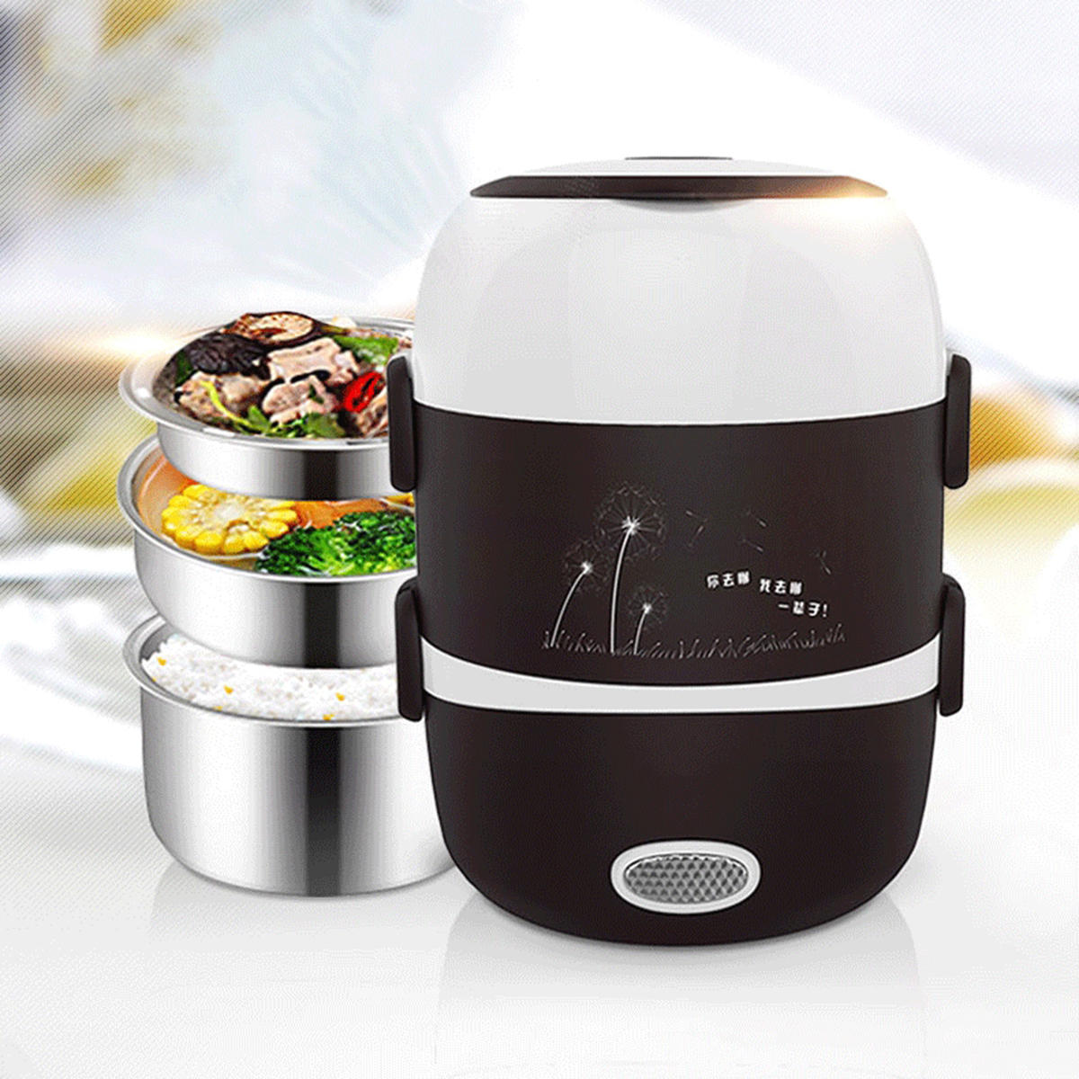 Electric Rice Cooker Stainless Steel 3 Layers Steamer Warmer Heating Lunch Box