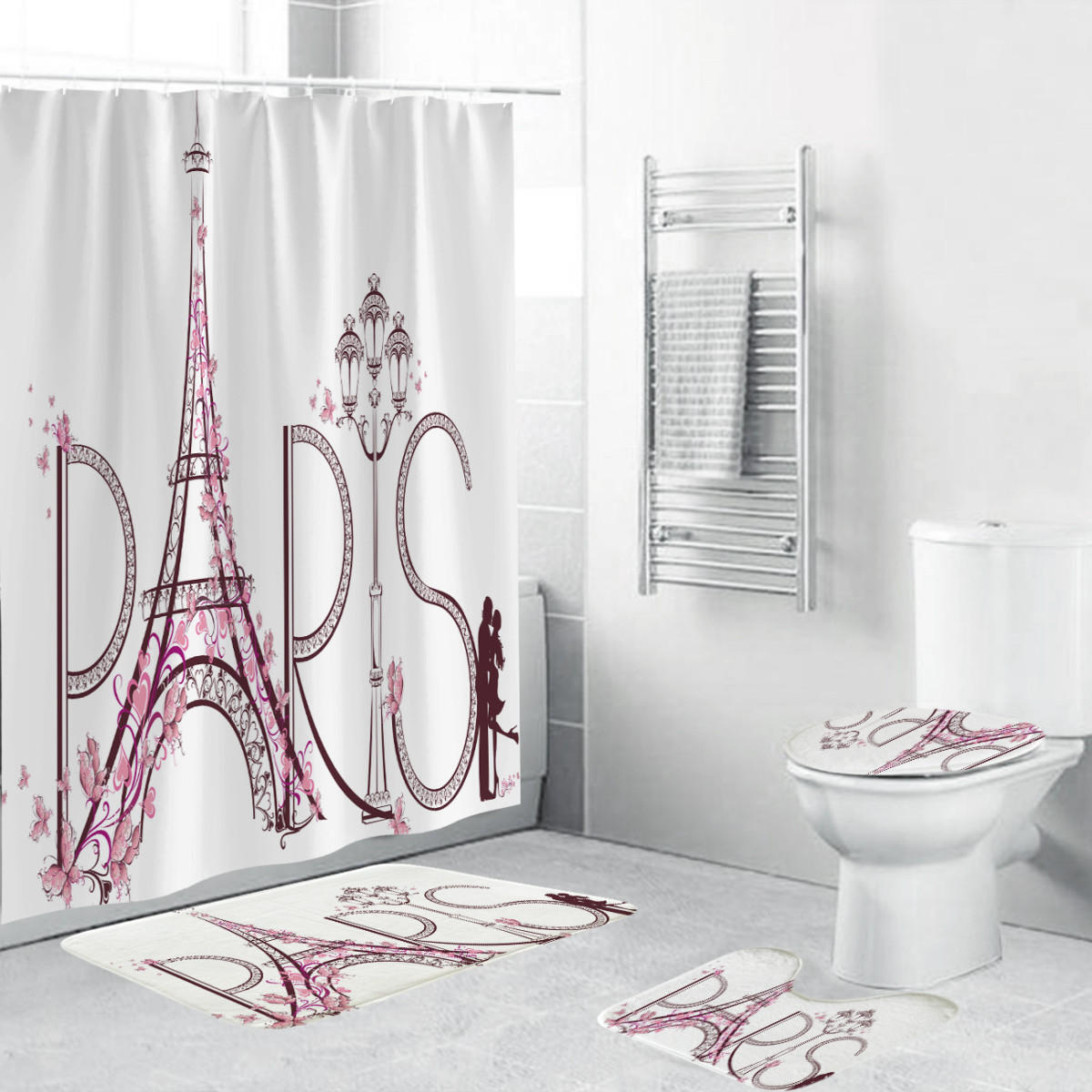 

Watercolor Decor Paris Eiffel Tower Pattern Shower Curtain Waterproof Polyester Fabric Bathroom Non-Slip Mats Toilet Rug