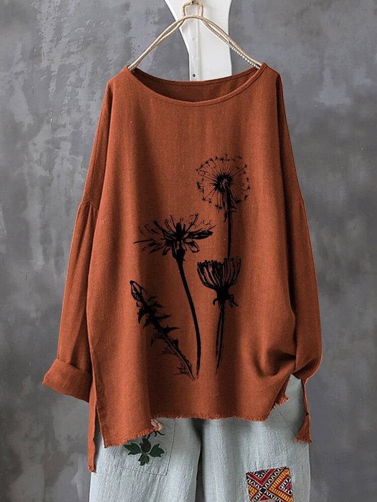 Casual print bloem ronde hals lange mouw herfst T-shirts