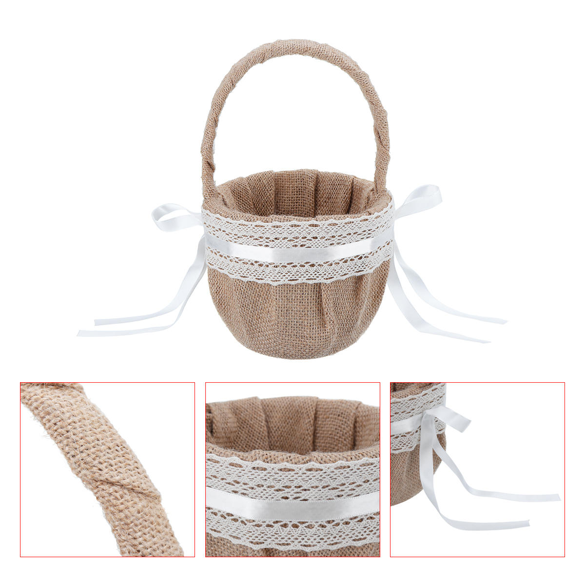 Linen Lace Basket Romantic Bowknot Handled Flower Ceremony Wedding Party Storage Baskets