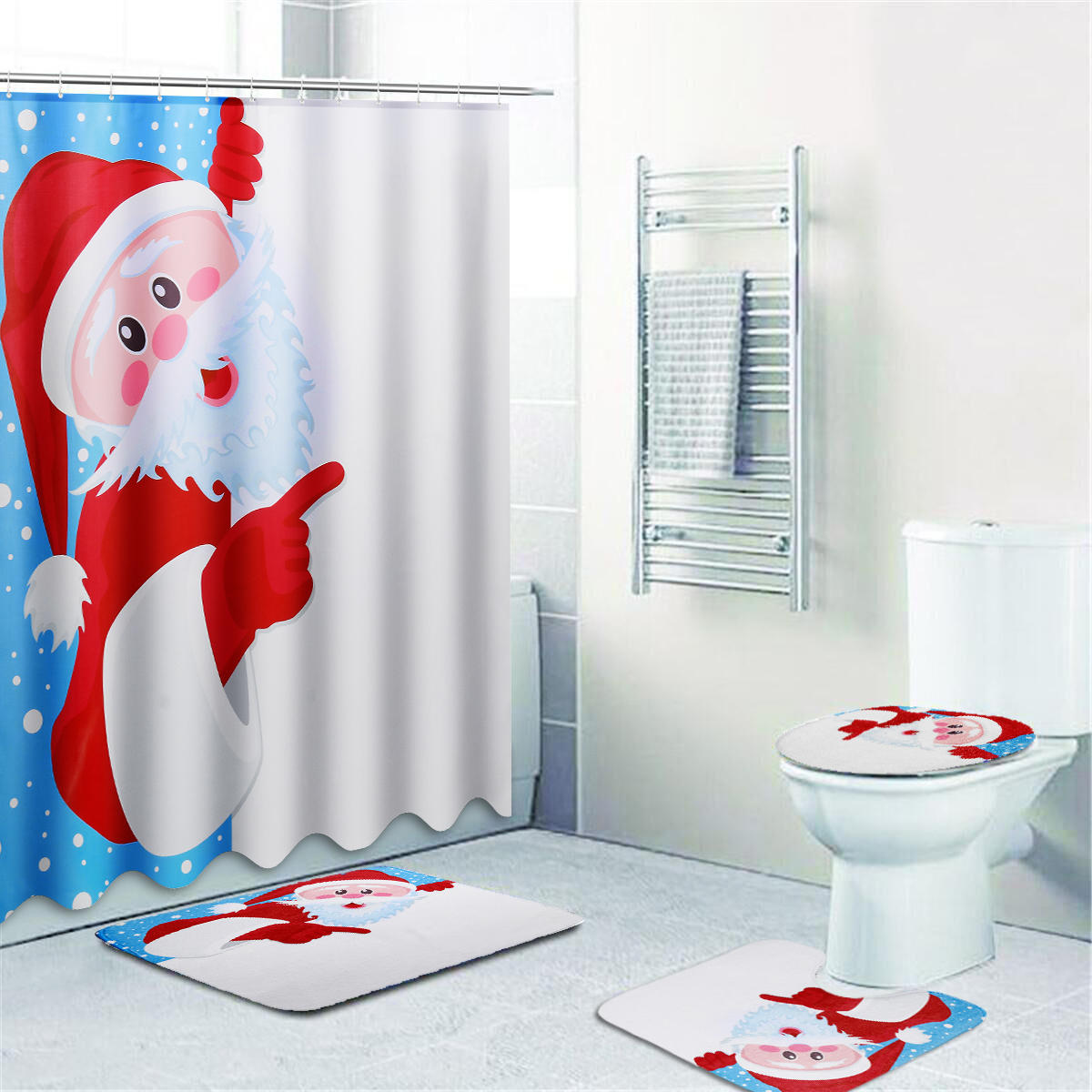 4Pcs Christmas Santa Claus Non-Slip Toilet Rug Cover Bath Mat+Shower Curtain Set