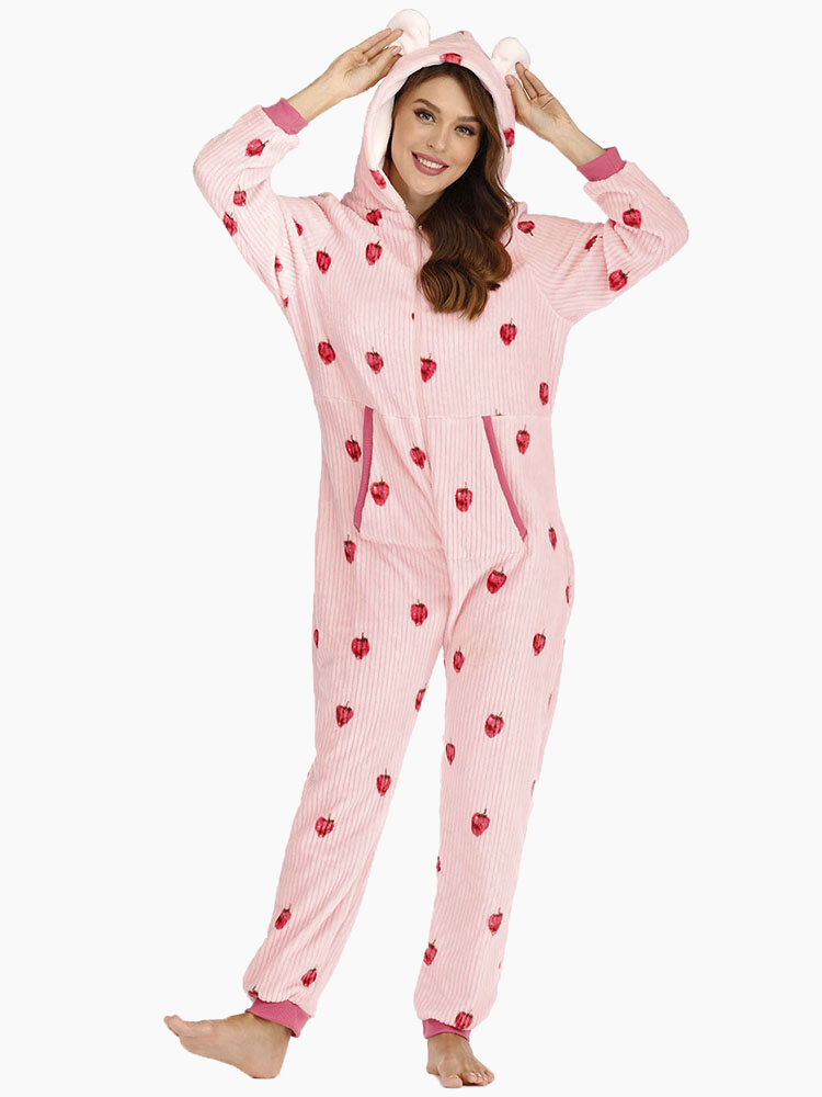 Hoodie met ritssluiting, lange mouwen en flanellen print jumpsuits met zak pyjama set