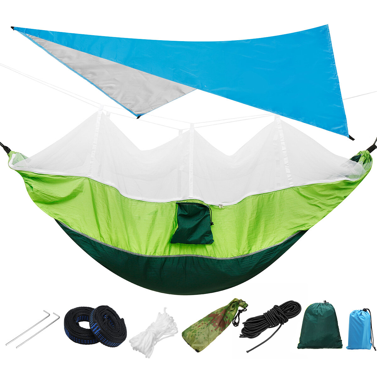 IPRee® 300KG Charge 18pcs/set Léger Portable Camping Hamac et Tente Auvent Set Rain Fly Tarp Moustiquaire Canopy 210T Nylon Hamacs, Imperméable 2000 Sangles d'Arbre Abri Solaire.