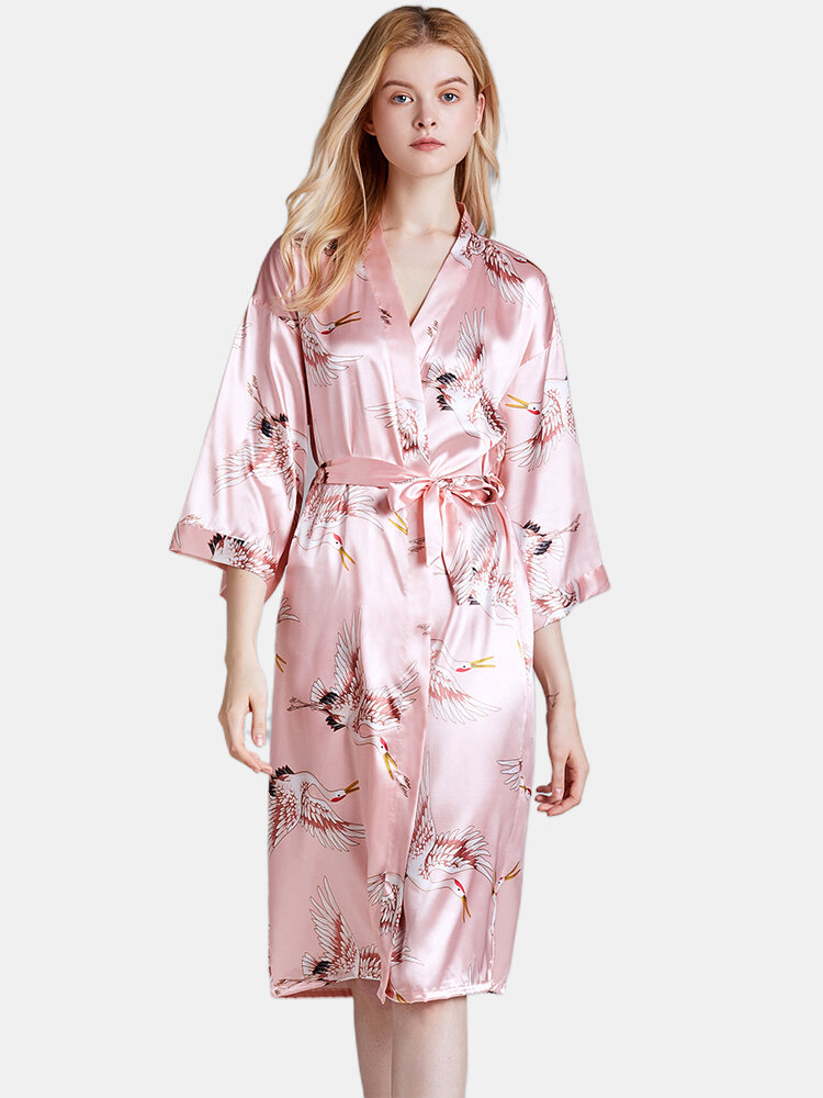 Image of Plus Size Crane Printed Halbarm Longline Kimono Robe Nachtwsche
