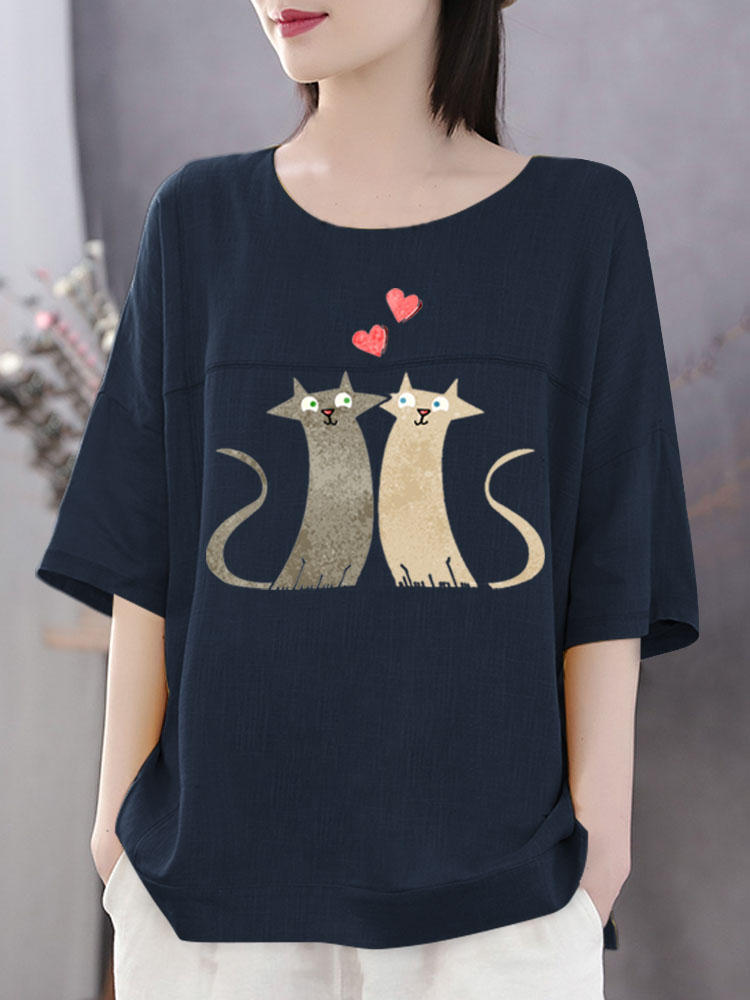 T Shirt Con Stampa Mezza Manica Cat Casual Plus