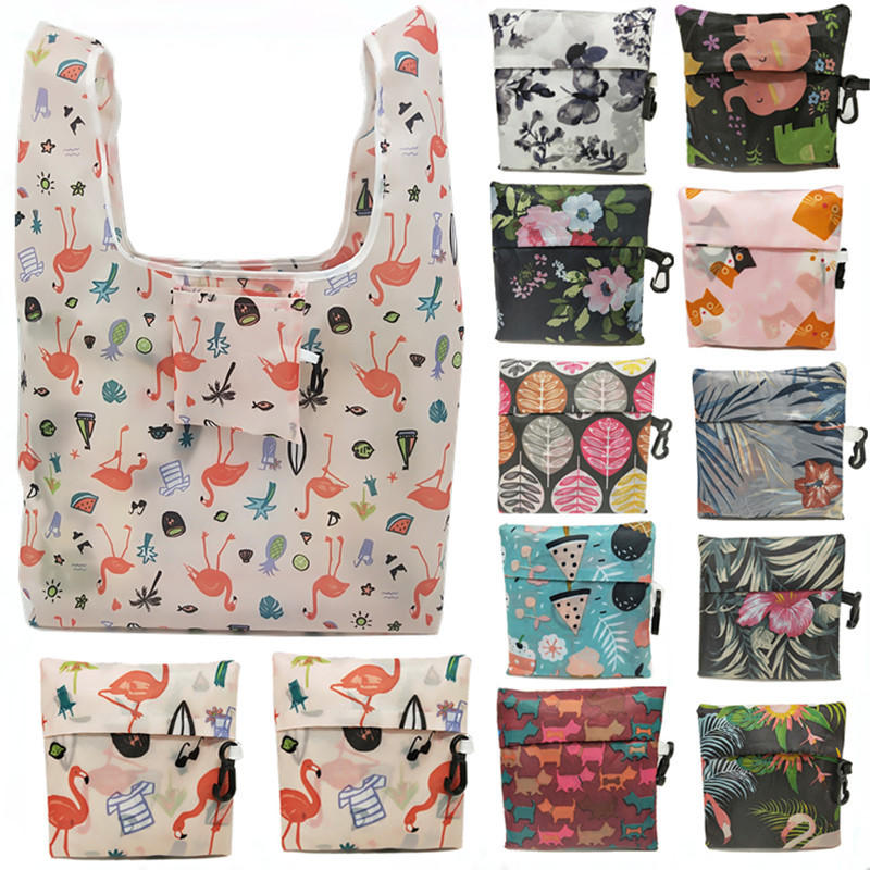 Flamingo Recycle Shopping Bag Eco Reusable Shopping Tote Bag Cartoon Floral Shoulder Folding Pouch Handbags Printing Kit