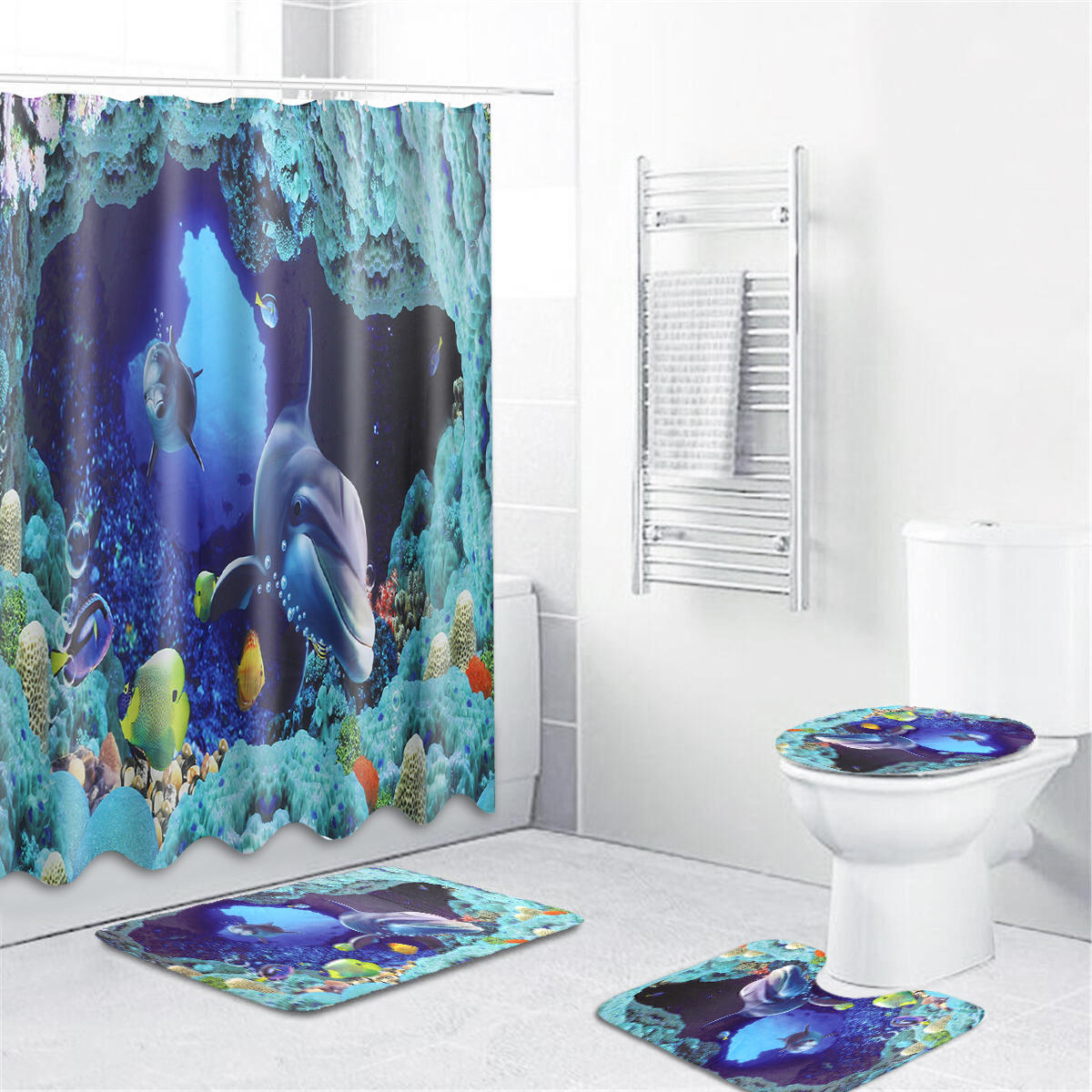 

Ocean Sea Dolphin Swimming Decor Bath Shower Curtain Waterproof Non-Slip Rug Pedestal Rug Lid Toilet Cover Bath Mat Show
