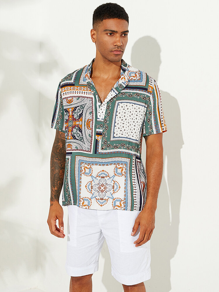 Mens ethnic color block printed pattern casual shirts Sale - Banggood.com