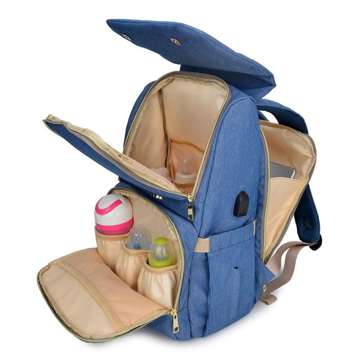 Bolsa de fraldas impermeável, bolsa de cuidados para bebês para mamãe, mochila USB para viagens ao ar livre