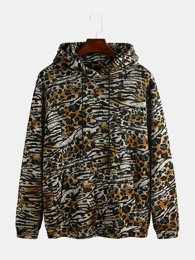 

Men Leopard Print Knitting Kangaroo Pocket Hooded Sweatshirt