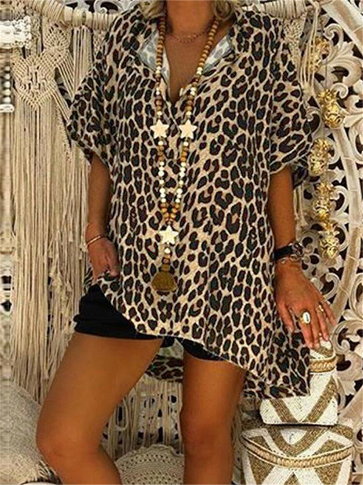 

Irregular Hem Short Sleeve Leopard Print Causal Blouse For Women