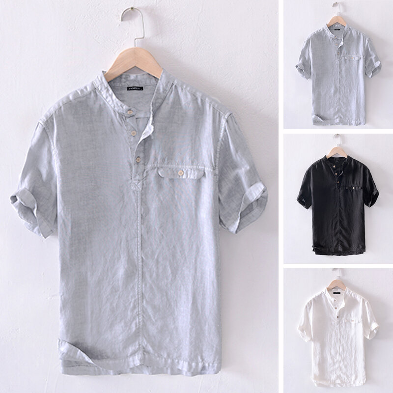 

Men's Linen Short Sleeve Shirt Casual Collarless Button Shirt Top Blouse Holiday