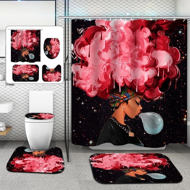 Afrikaans meisje badkamer douchegordijn Soft antislip badkamer tapijten tapijten badmat toiletbril c
