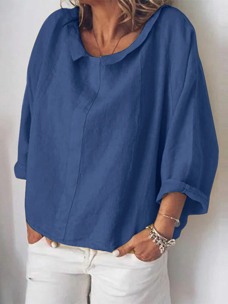 Women casual cotton pure color long sleeve blouse