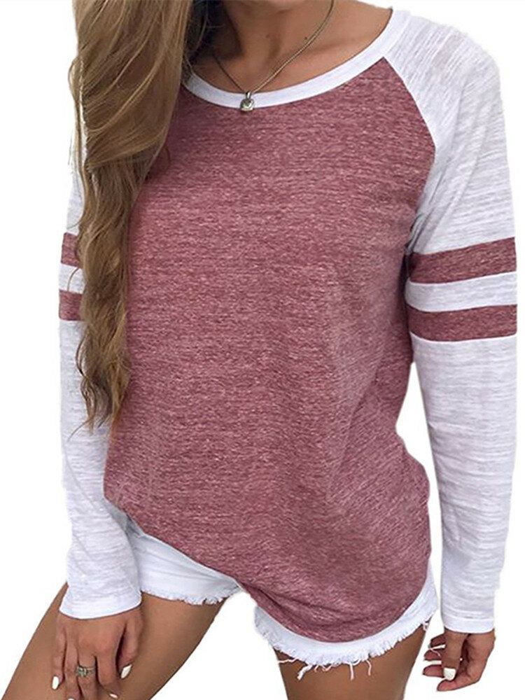 Long Sleeved Striped Patchwork Tops Loose Causal Tee Shirts For Women