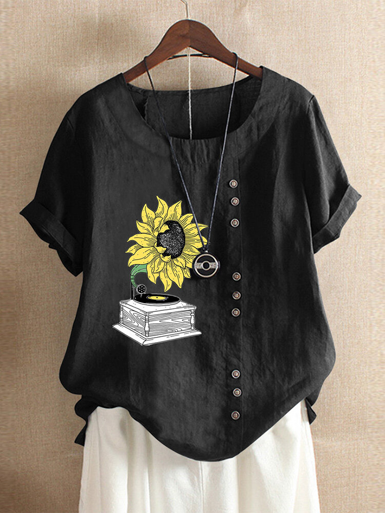 Casual print sunflower o-neck short sleeve button t-shirts Sale ...