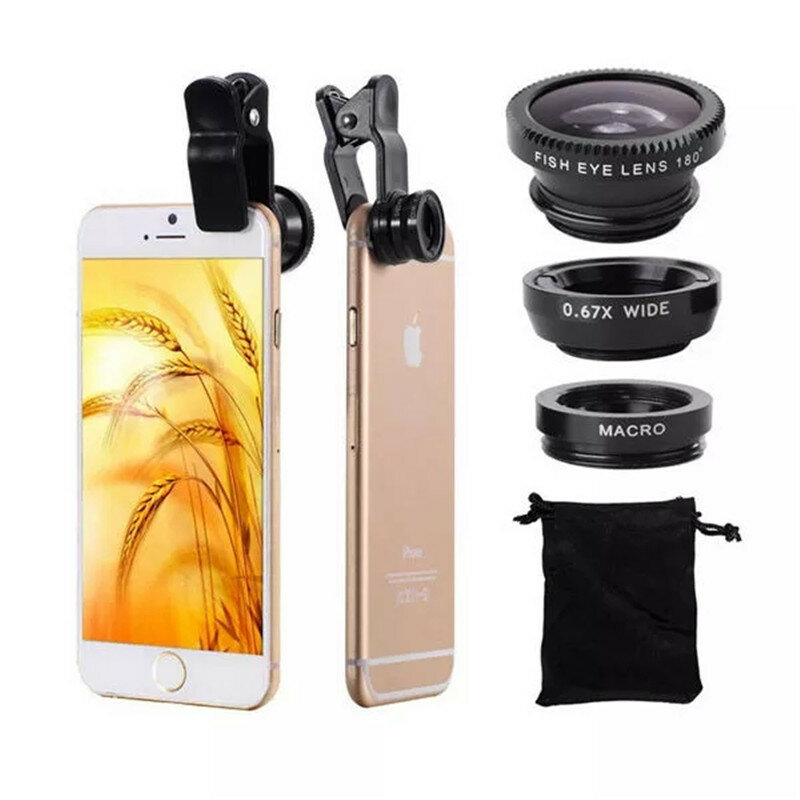 3 in 1 Universal Clip Camera Lens 0.67 Wide Angle+180 Degree Fish Eye+Macro Lens for Mobile Phones T