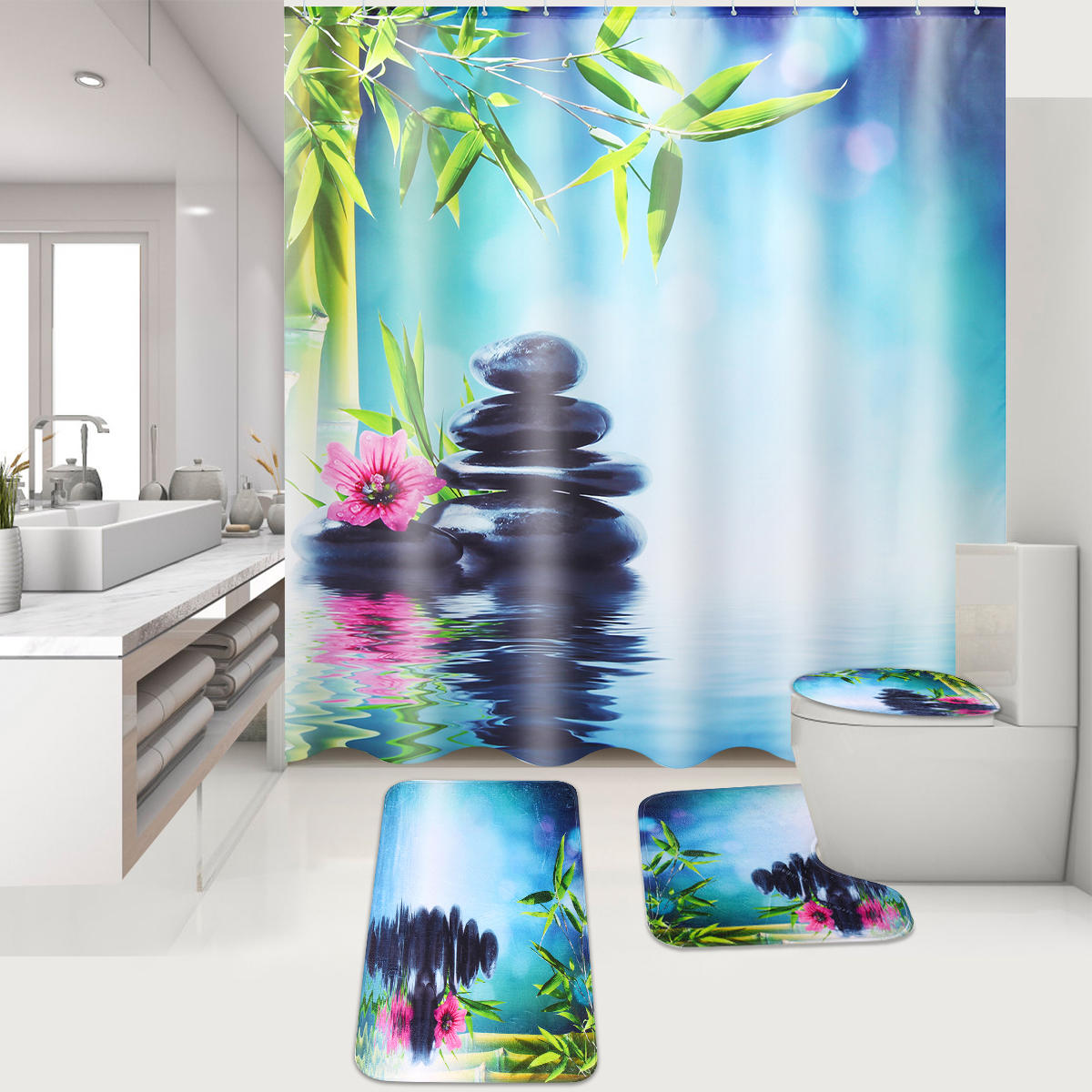 180x180cm Stone Bamboo Water With 12 Hooks Bathroom Shower Curtain 