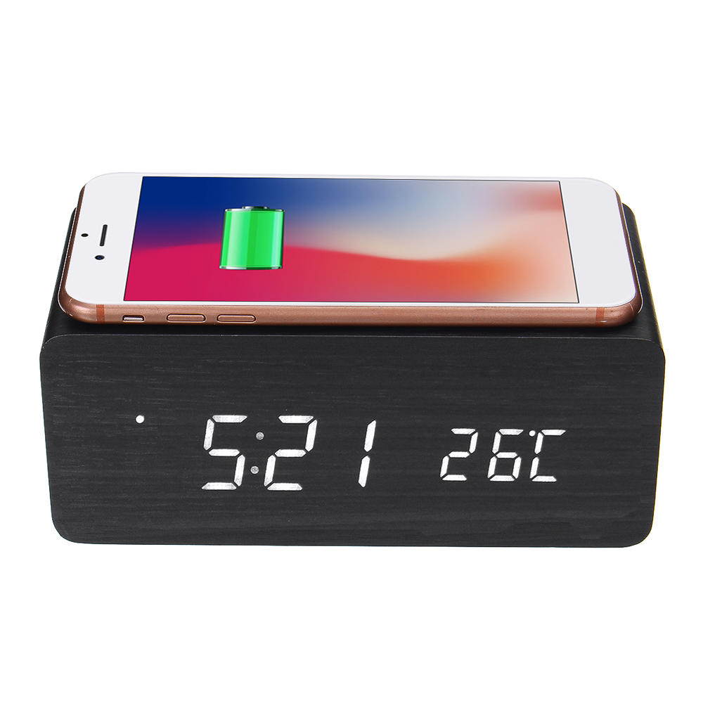 

3in1 20W Qi Wireless Charge Clock Voice Control Digital LED Desk Wooden Alarm With Thermometer Xmas Gift