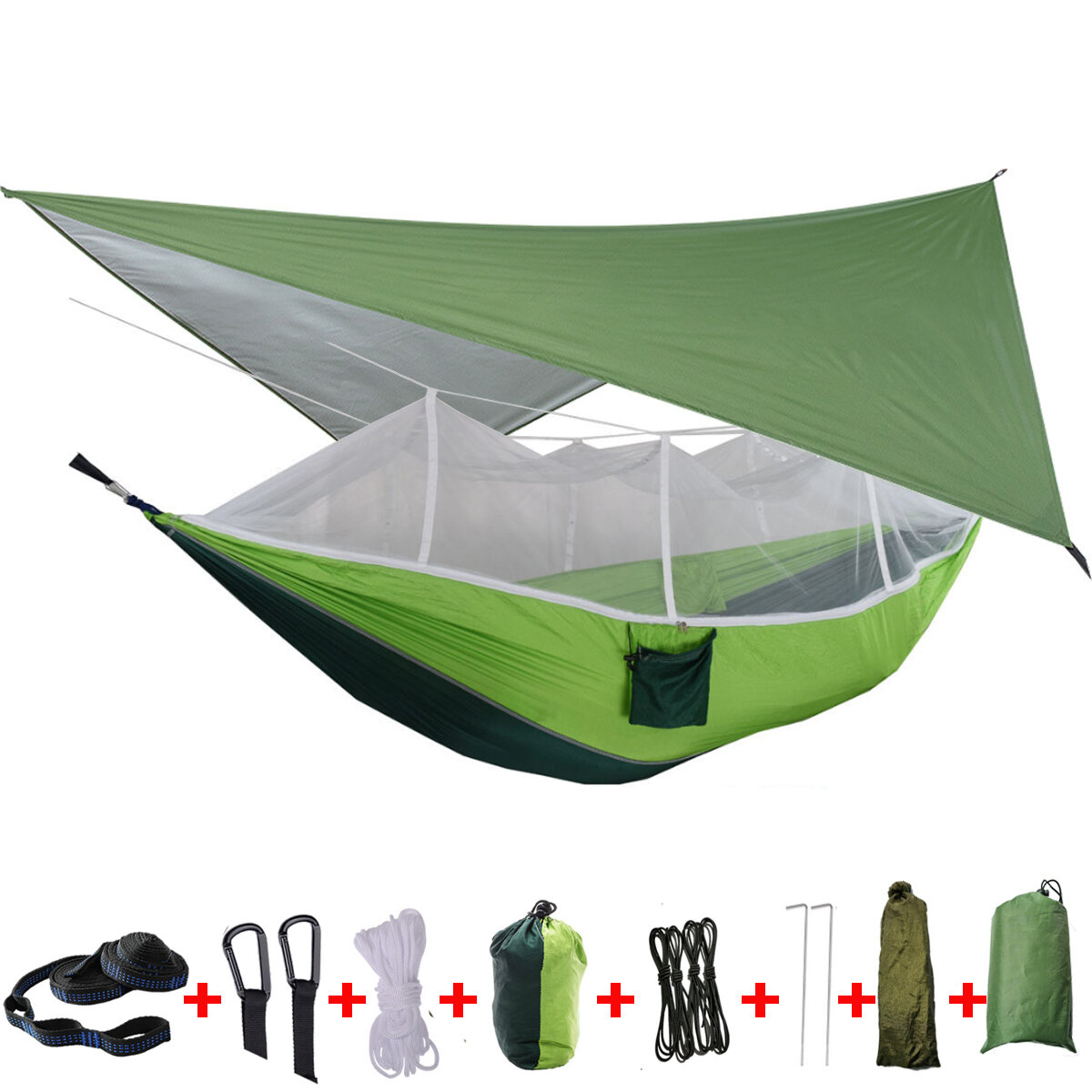 IPRee® 2 Kişilik Kamp Hamak Çadırı Sivrisinek Ağı, Yağmurluk Tarp Örtüsü ve Çift Asılı Yatak ile Açık Hava Seyahatleri İçin