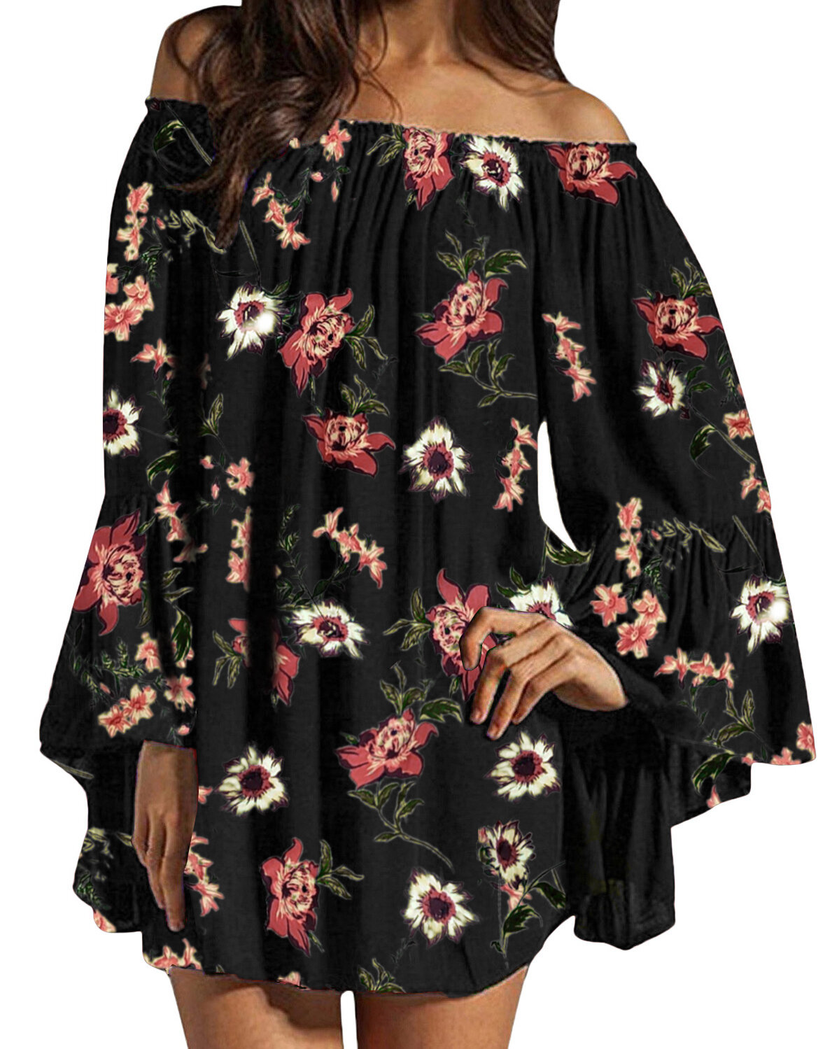 

Блузка с открытыми плечами с цветочным принтом и шифоном с оборками Mini Платье For Женское