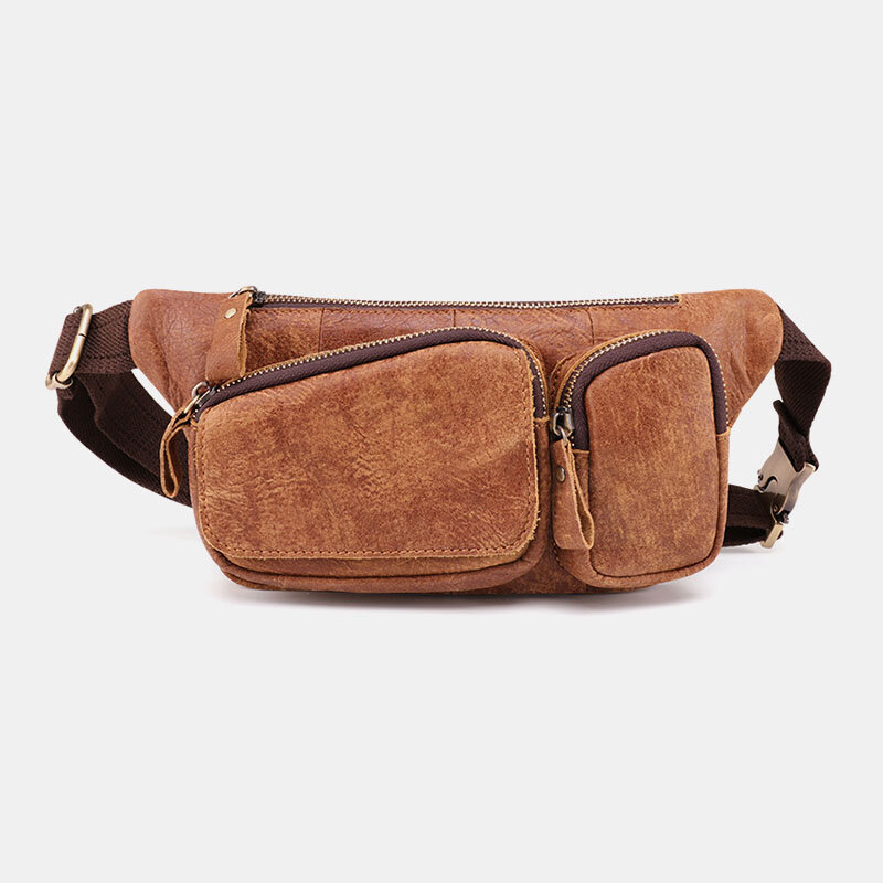 Men Genuine Leather Vinatge Multi-Pocket Chest Bag