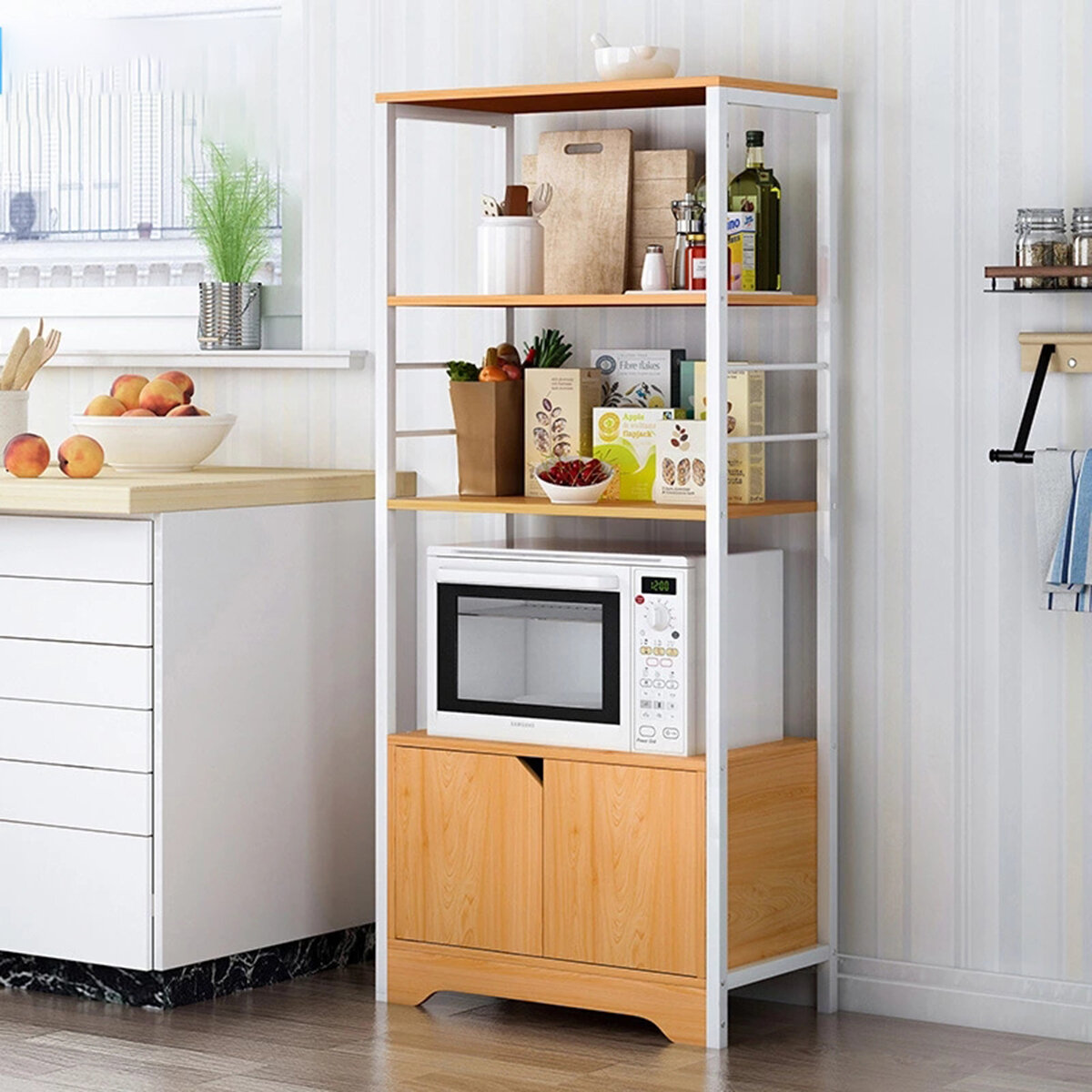 Kitchen Storage Cabinet Microwave Dishes Utensils 3 Shelf 4