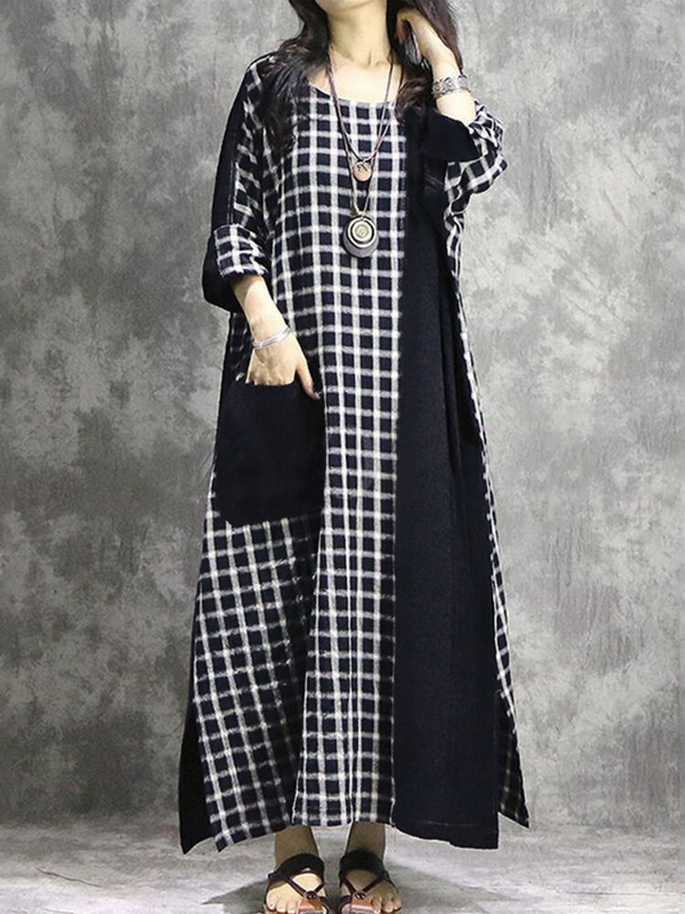 Geruite patchwork ronde hals casual maxi-jurk met lange mouwen