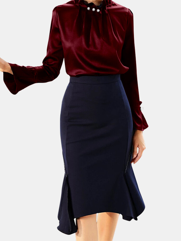 Solid Color Pearl Flared Long Sleeve Ruffled Office Blouse For Women