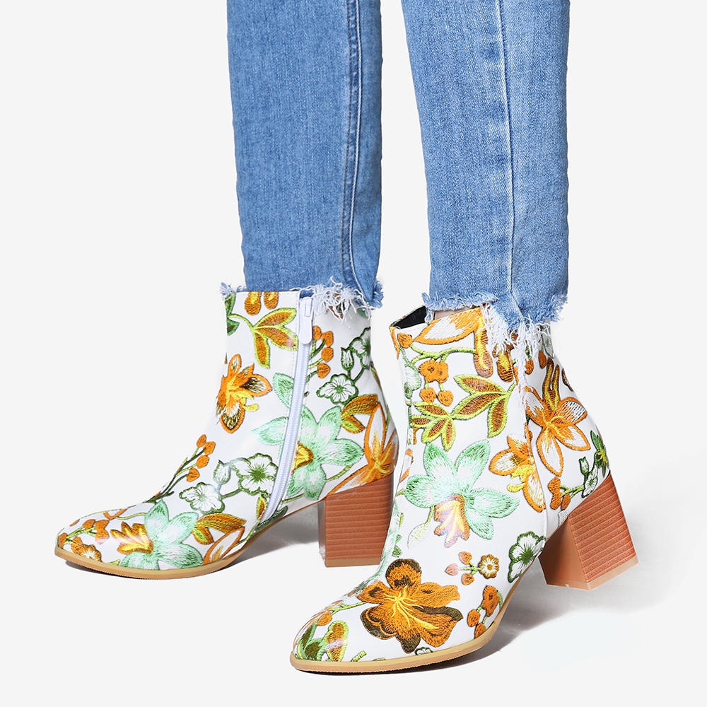 Women Large Size Flower Printed Chunky Heel Ankle Short Boots
